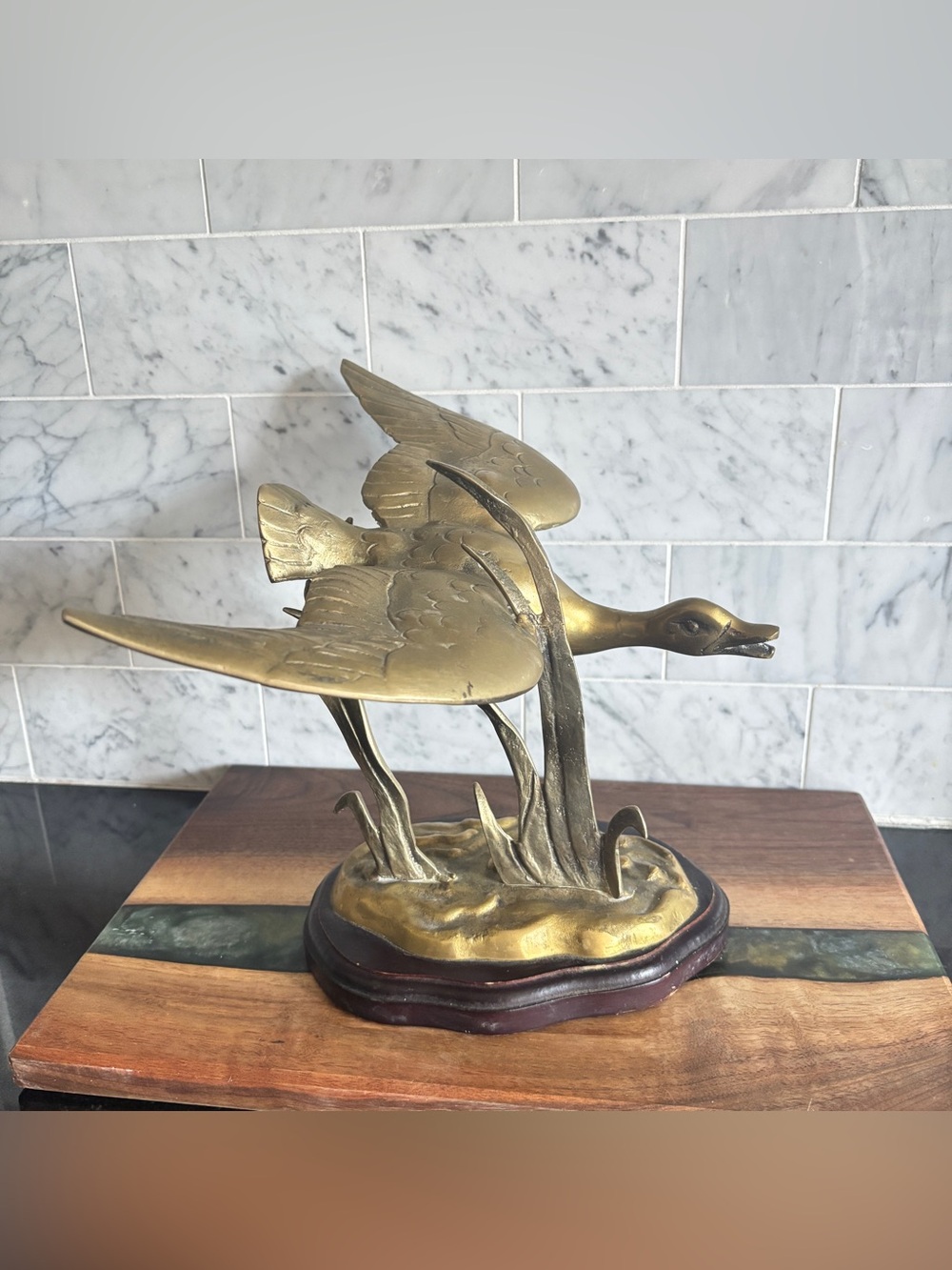Vintage Mid Century Brass Goose / Duck in Flight Sculpture on Wood Base